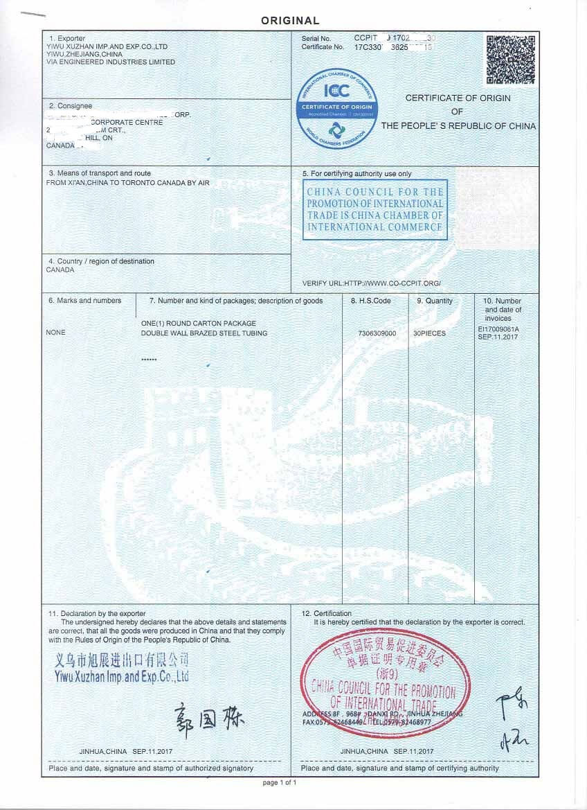 Certificate of Origin for Bundy Tubes